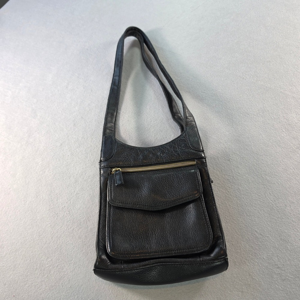 Valerie Stevens Black Pebbled Leather Shoulder Bag Gold Hardware Pocket Purse